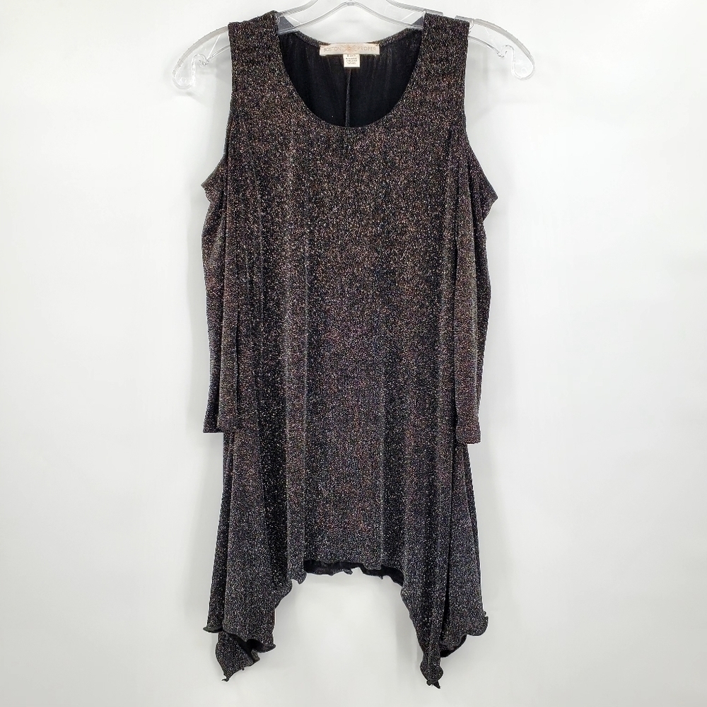 Boston Proper Cold Shoulder Shiny Silver Metallic Black Top